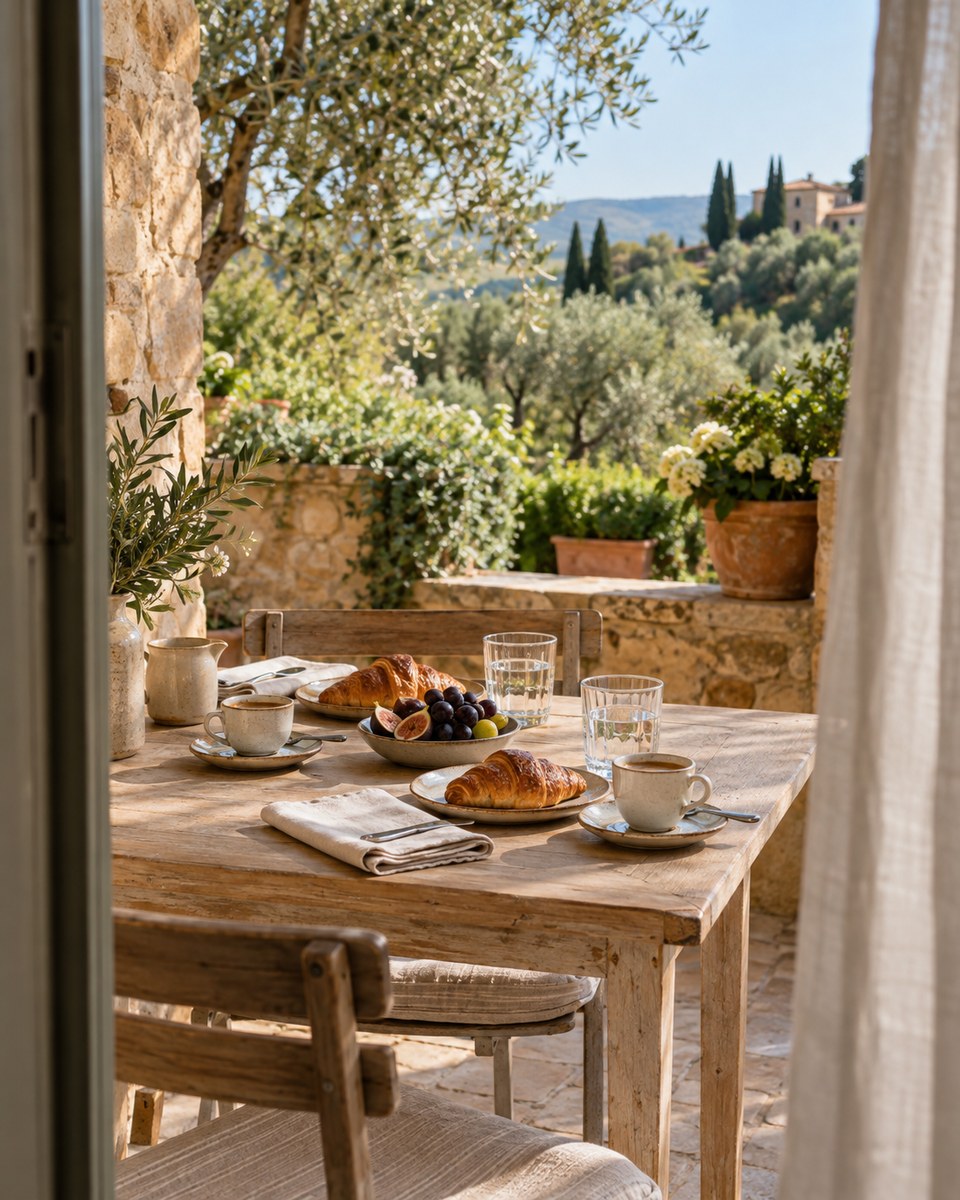 Colazione con caffè, cornetti e frutta su una terrazza tra gli ulivi